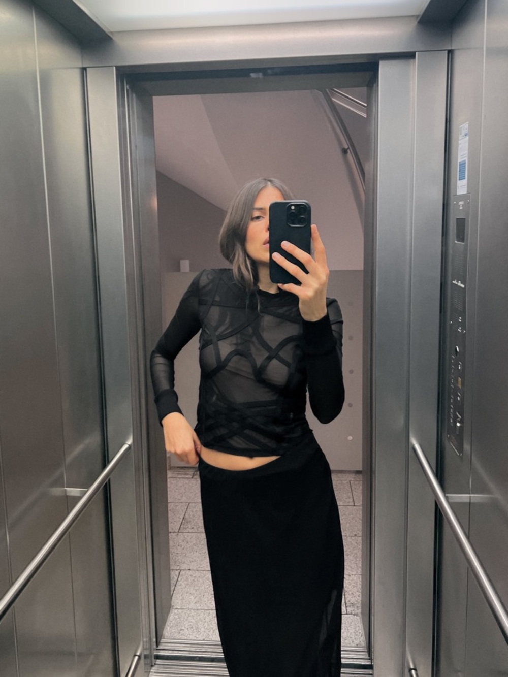 Zara - Semi-Sheer Black Knit Long-Sleeve Top